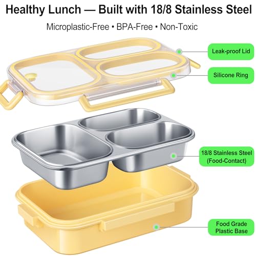 KTKUDY Stainless Steel Bento Box for Kids Adults 25 oz Leakproof 3 Compartment Metal Lunch Container 188 Stainless Steel Lunch Box Kids Ideal for School Office Outdoor Yellow - Image 3