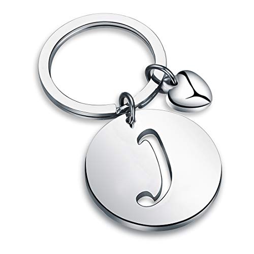 HOLLP Initial Disc Charm Keychain 26 Letters Alphabet Key Ring A-Z Initial English Charm Keychain (Silver-J) - Image 1