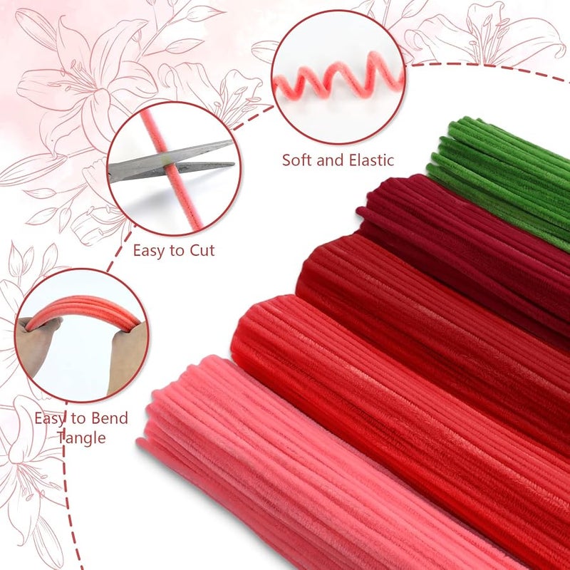 MWS-ForCamping 400 Pcs Pipe Cleaners Craft,5 Assorted Colors Pipe Cleaners Bulk, Chenille Stems for DIY Flower Making Kit with Floral Wires, Gardening Tape,Stamen& Ribbon (Red) - Image 4