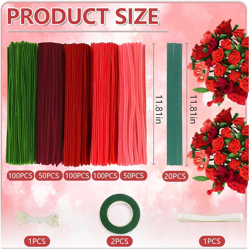 MWS-ForCamping 400 Pcs Pipe Cleaners Craft,5 Assorted Colors Pipe Cleaners Bulk, Chenille Stems for DIY Flower Making Kit with Floral Wires, Gardening Tape,Stamen& Ribbon (Red) - Image 2