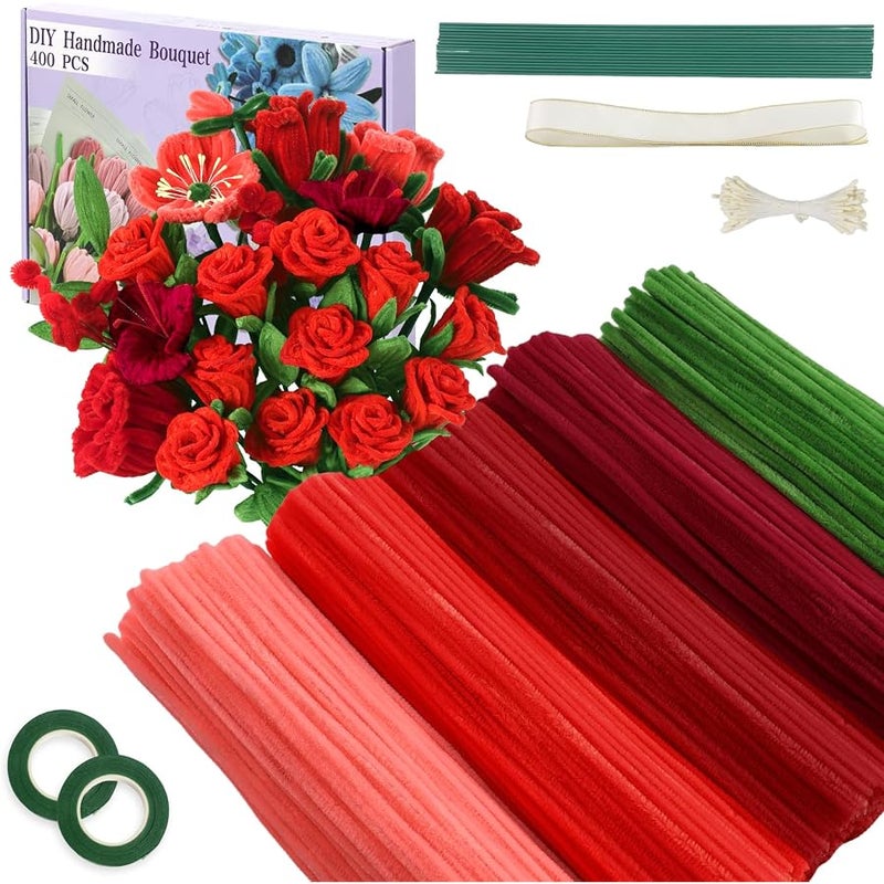 MWS-ForCamping 400 Pcs Pipe Cleaners Craft,5 Assorted Colors Pipe Cleaners Bulk, Chenille Stems for DIY Flower Making Kit with Floral Wires, Gardening Tape,Stamen& Ribbon (Red) - Image 1
