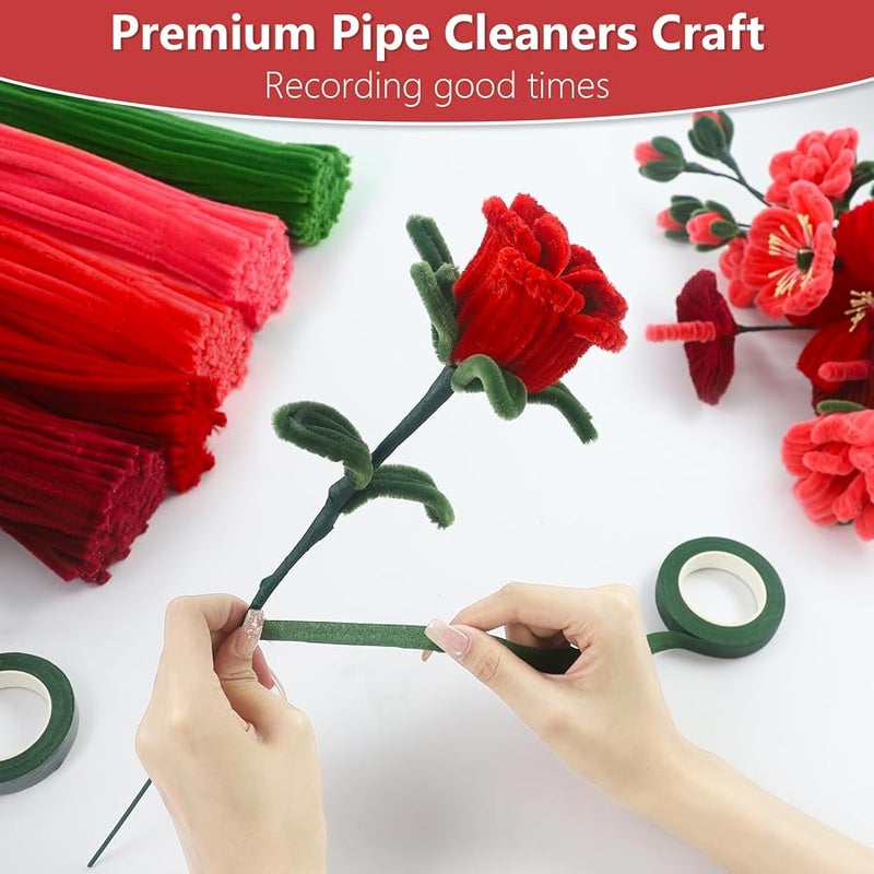MWS-ForCamping 400 Pcs Pipe Cleaners Craft,5 Assorted Colors Pipe Cleaners Bulk, Chenille Stems for DIY Flower Making Kit with Floral Wires, Gardening Tape,Stamen& Ribbon (Red) - Image 5