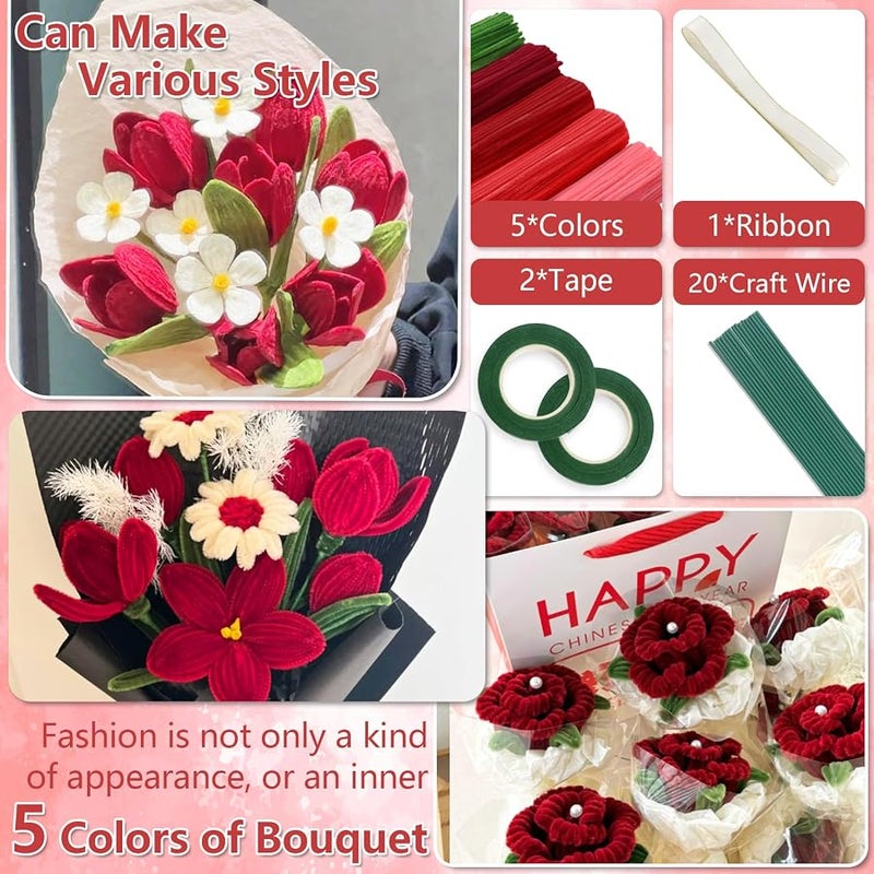 MWS-ForCamping 400 Pcs Pipe Cleaners Craft,5 Assorted Colors Pipe Cleaners Bulk, Chenille Stems for DIY Flower Making Kit with Floral Wires, Gardening Tape,Stamen& Ribbon (Red) - Image 3