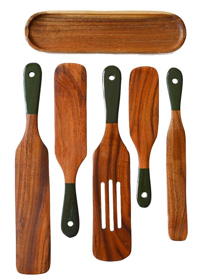 MAGNUM OPUS 6Pcs Spurtle with Spoon Rest, Wood Spatula Olive Green, Wooden Utensils for Cooking, Wood Spatula, Wooden Kitchen Utensil Set, Spurtles Kitchen Tools - Image 1