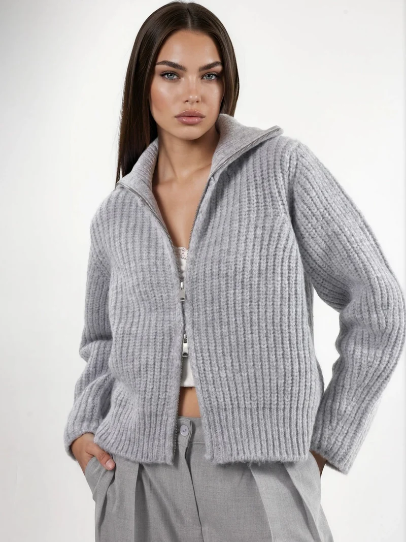 HICCUP Thick Textured Turtleneck Zip-Up Cardigan