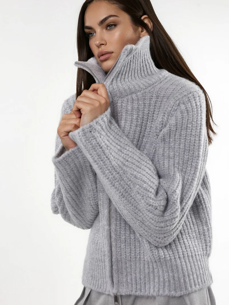 HICCUP Thick Textured Turtleneck Zip-Up Cardigan