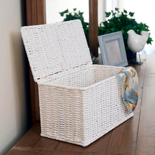 Household Essentials Small Handwoven Paper Rope Wicker Basket with Lid, White - Image 2