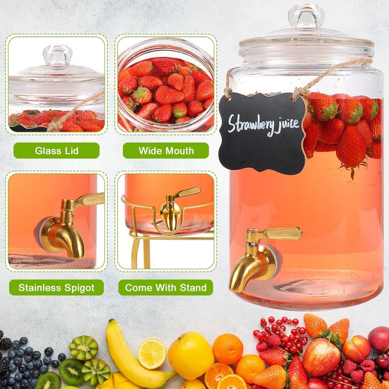 FUREEY Drink Dispensers for Parties 1 Gallon, Bevarage Dispenser with Stand,Glass Drink Dispenser With Stainless Steel Spigot + Marker & Chalkboard, Ideal for Lemonade,Juice, Tea, and Party Drinks - Image 2