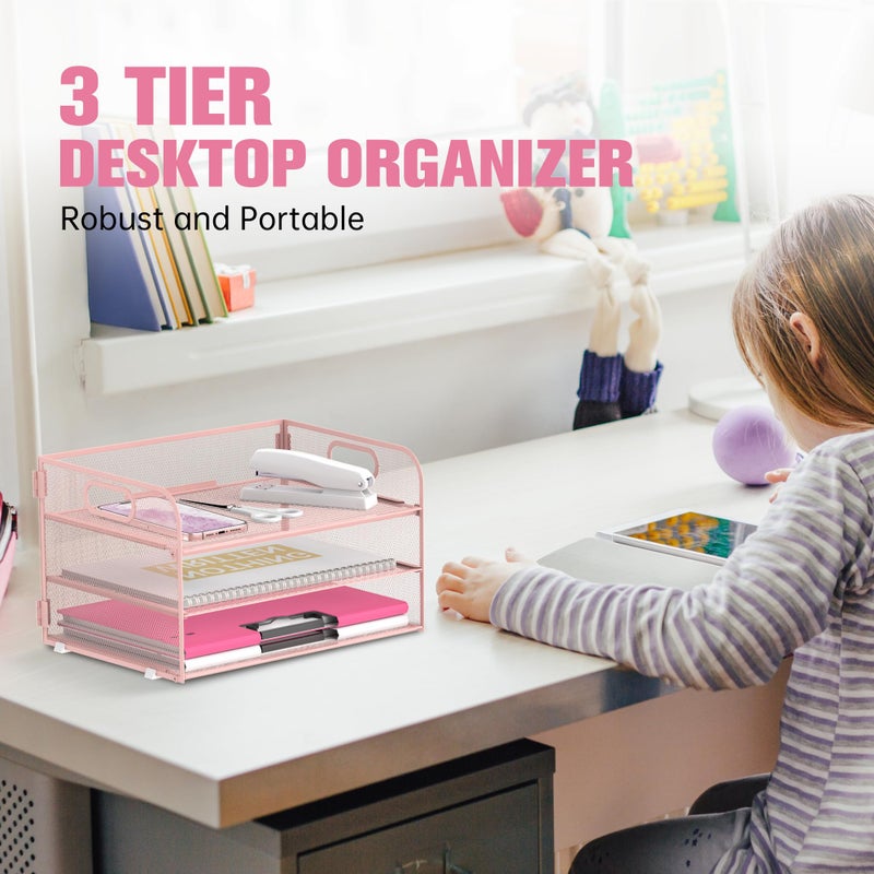 Daltack 3-Tier Paper Organizer with Handle, Mesh Desk Organizer Letter Tray, Paper Tray Organizer File Organizer for A4 File Folder, Pink - Image 2