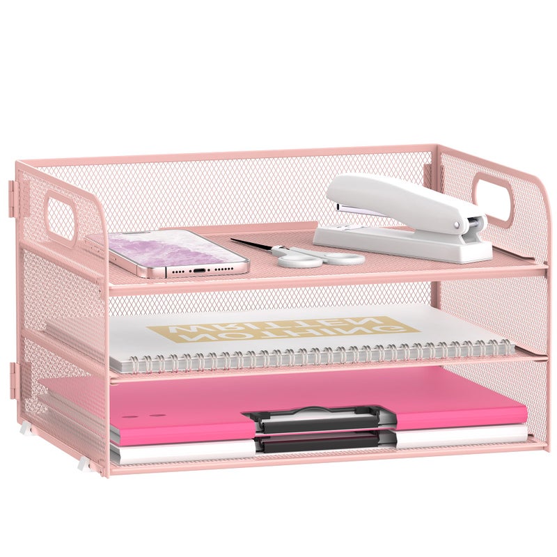 Daltack 3-Tier Paper Organizer with Handle, Mesh Desk Organizer Letter Tray, Paper Tray Organizer File Organizer for A4 File Folder, Pink - Image 1