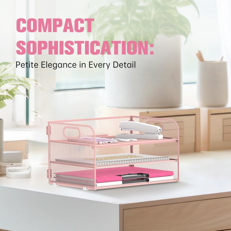 Daltack 3-Tier Paper Organizer with Handle, Mesh Desk Organizer Letter Tray, Paper Tray Organizer File Organizer for A4 File Folder, Pink - Image 5