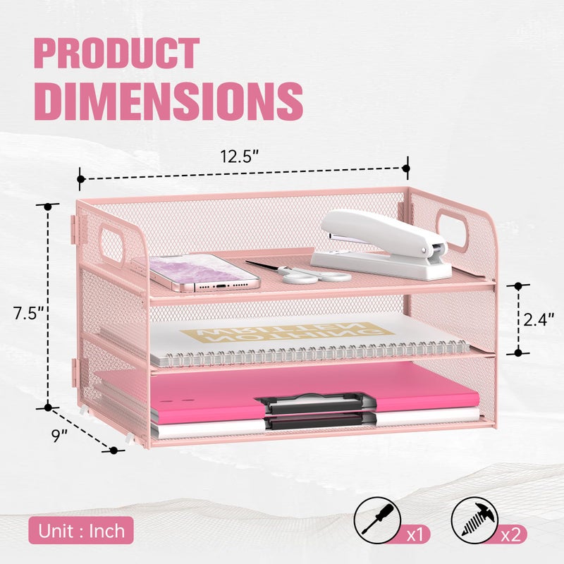 Daltack 3-Tier Paper Organizer with Handle, Mesh Desk Organizer Letter Tray, Paper Tray Organizer File Organizer for A4 File Folder, Pink - Image 3