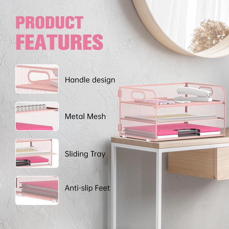 Daltack 3-Tier Paper Organizer with Handle, Mesh Desk Organizer Letter Tray, Paper Tray Organizer File Organizer for A4 File Folder, Pink - Image 4