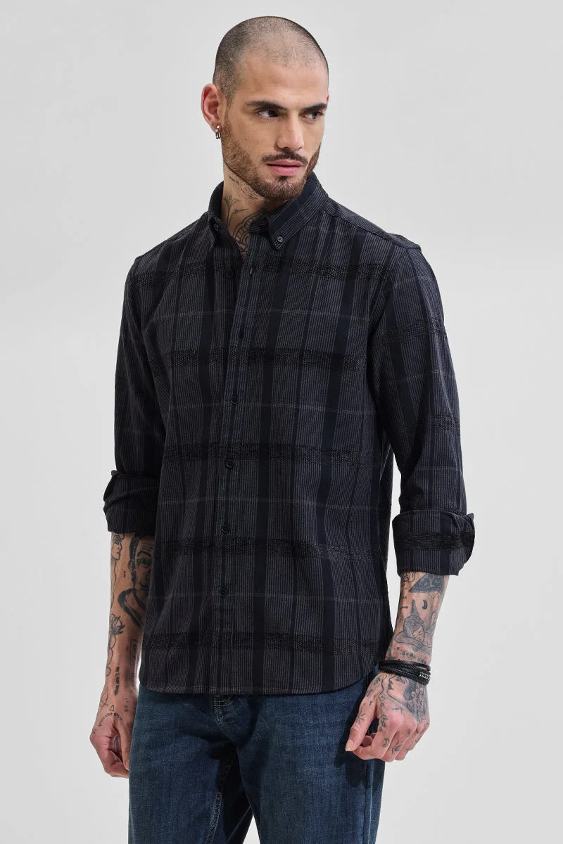 سنيتش Black Checkered Long Sleeve Slim Fit Casual Shirt