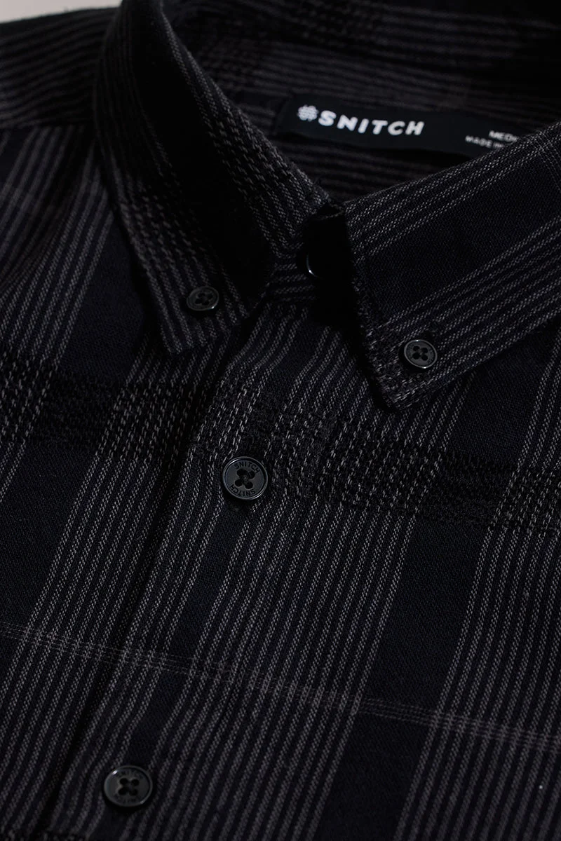 سنيتش Black Checkered Long Sleeve Slim Fit Casual Shirt