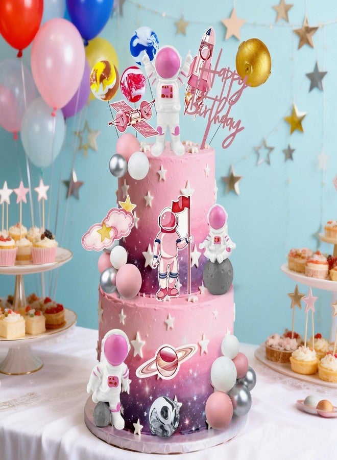 KDPATFAV 30 PCS Pink Space Cake Topper Astronaut Figurines Astronaut Planet Outer Space and Rocket DIY Cake Toppers for Birthday Party Baby Shower Supplies - Image 3