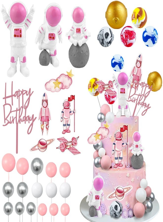 KDPATFAV 30 PCS Pink Space Cake Topper Astronaut Figurines Astronaut Planet Outer Space and Rocket DIY Cake Toppers for Birthday Party Baby Shower Supplies - Image 1