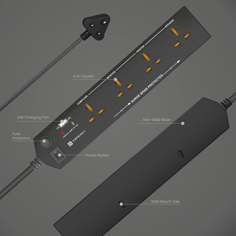 Portronics Power Plate 4 Extension Board with 4 Universal Sockets, USB Charging Port, 1.5 Meter Long Cord, 1500 Watts, Child Safety Shutter, 3 Pin Multi Plug for Home Appliances (Black) - Image 3