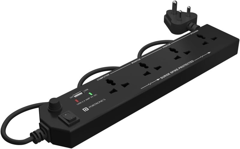 Portronics Power Plate 4 Extension Board with 4 Universal Sockets, USB Charging Port, 1.5 Meter Long Cord, 1500 Watts, Child Safety Shutter, 3 Pin Multi Plug for Home Appliances (Black) - Image 1