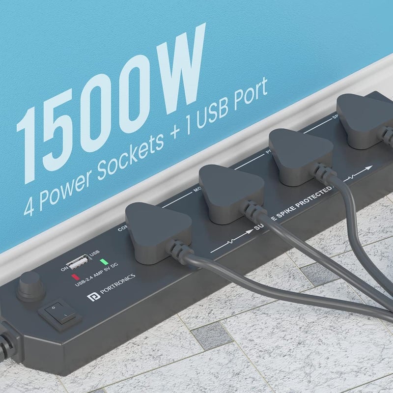 Portronics Power Plate 4 Extension Board with 4 Universal Sockets, USB Charging Port, 1.5 Meter Long Cord, 1500 Watts, Child Safety Shutter, 3 Pin Multi Plug for Home Appliances (Black) - Image 2
