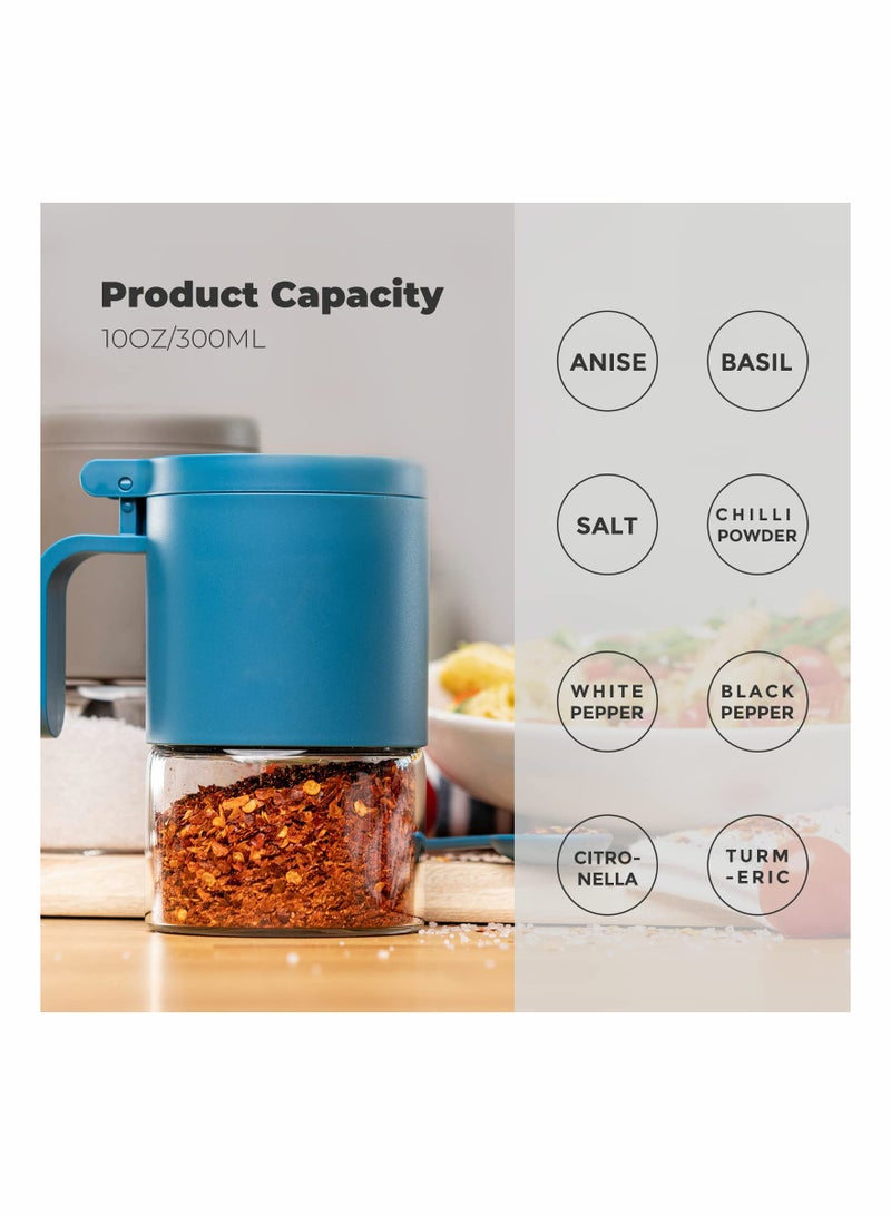 Luckam Glass Spice Jars Moisture Proof Spice Containers with Spoons Set of 2 10oz 300ml Spice Bottles Mini Seasoning Storage Jars with Flapper Caps for Salt Sugar Peppers Chili in Kitchen Blue - Image 3