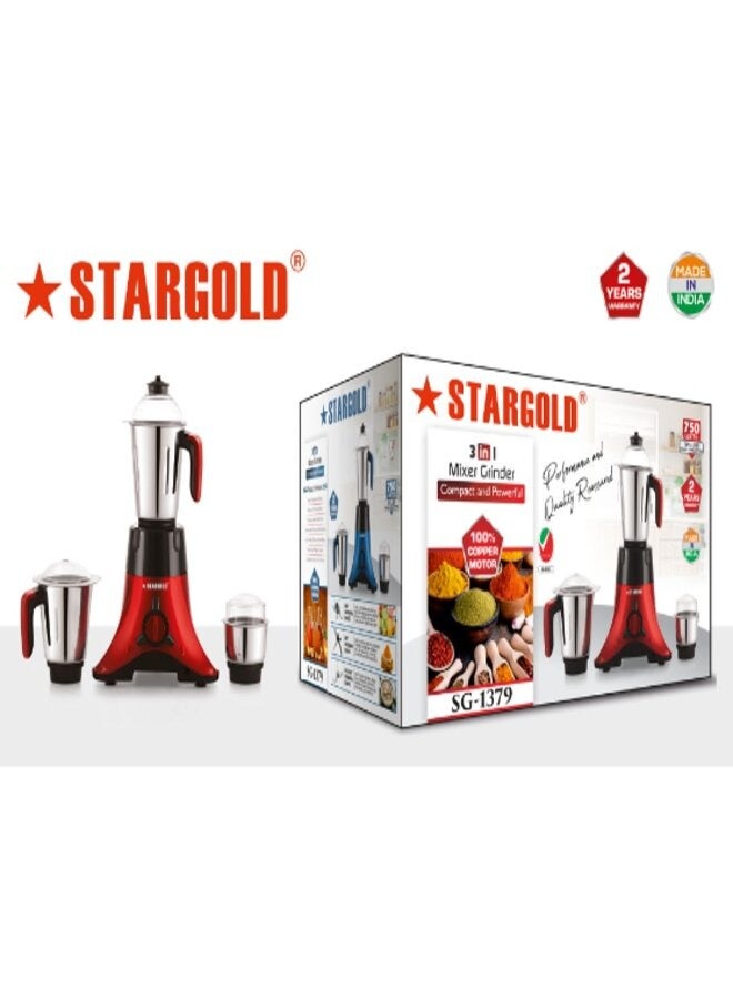 ستارجولد خلاط ومطحنة 3 في 1 750 وات من ستارجولد للاستخدام متعدد الأغراض مع وعاء ستانلس ستيل، SG-1379 أحمر - Image 2