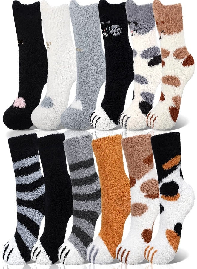 Bencailor 12 Pairs Women Fuzzy Socks Christmas Soft Fluffy Cute Socks Slipper Sock Sleeping Warm Winter Gift for Women(Cat Style) - Image 1