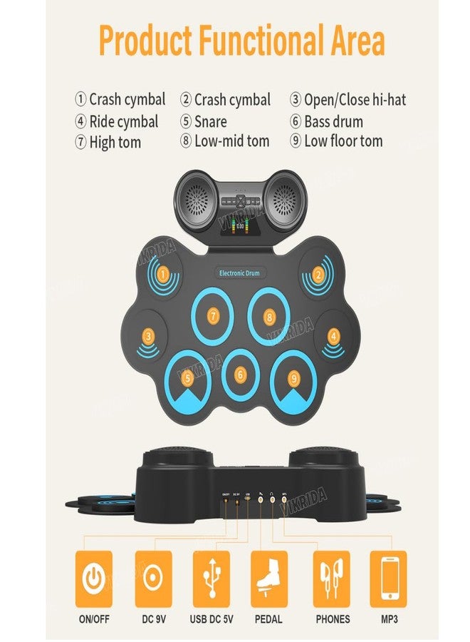 VikriDA Electronic Drum Pad Set | Foldable Roll-Up Digital Drum Kit with Bluetooth MIDI Support, Built-in Stereo Speakers & Drumsticks - Image 3