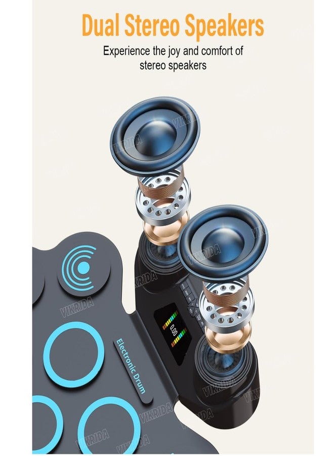 VikriDA Electronic Drum Pad Set | Foldable Roll-Up Digital Drum Kit with Bluetooth MIDI Support, Built-in Stereo Speakers & Drumsticks - Image 2