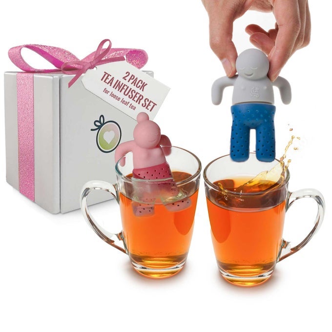 CUTE TEA INFUSER SET FOR LOOSELEAF TEA FUNNY SILICONE TEA STRAINER COUPLE IN PINK AND BLUEGREY SMALL GIFT FOR TEA LOVERS AND COUPLES TEA STEEPER SET OF 2