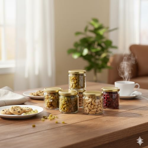 MACHAK Round Glass Jar Kitchen Storage Container With Rust Proof Metal Cap, 350ml, Clear (8) - Image 2