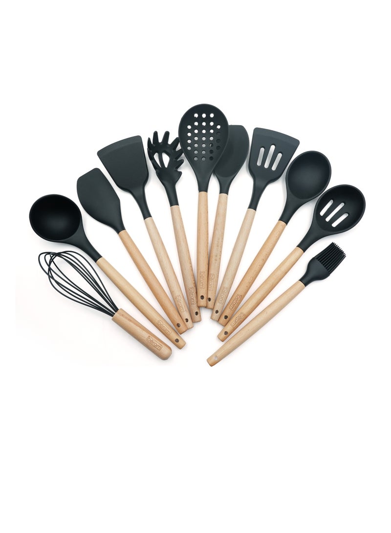 Beram 11Pcs Silicone Cooking Utensil Set with Wooden Handles Heat Resistant BPA Free Non-Stick Kitchen Tools for Cooking Baking Mixing Stirring Serving Frying Grilling – Black (11Pcs Set) - Image 1