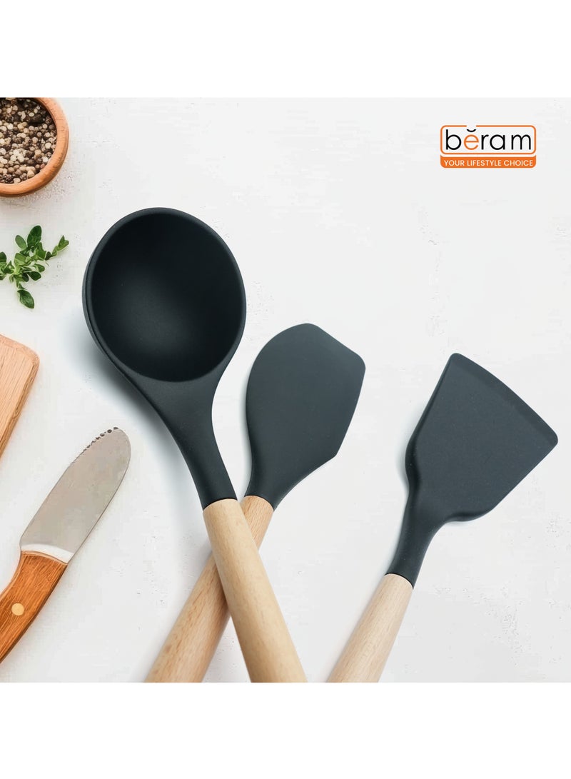 Beram 11Pcs Silicone Cooking Utensil Set with Wooden Handles Heat Resistant BPA Free Non-Stick Kitchen Tools for Cooking Baking Mixing Stirring Serving Frying Grilling – Black (11Pcs Set) - Image 2