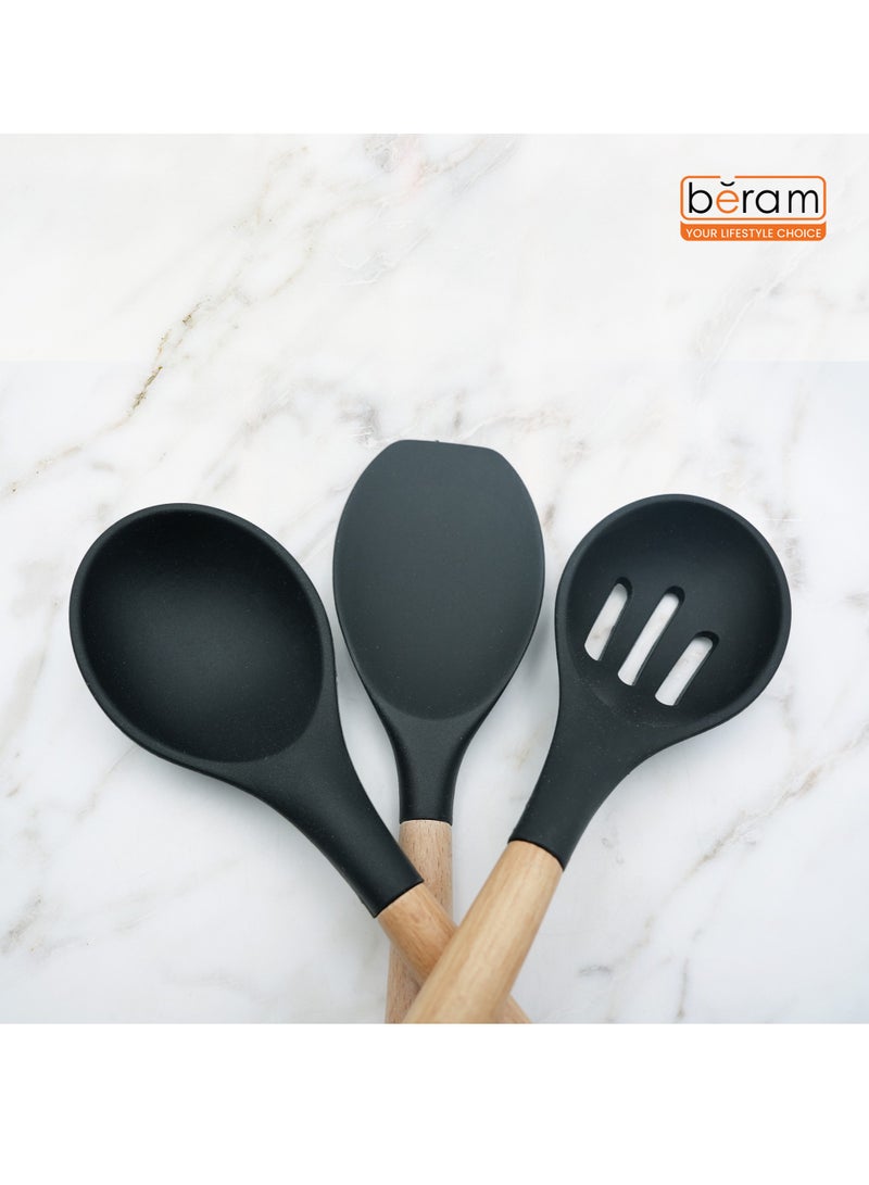 Beram 11Pcs Silicone Cooking Utensil Set with Wooden Handles Heat Resistant BPA Free Non-Stick Kitchen Tools for Cooking Baking Mixing Stirring Serving Frying Grilling – Black (11Pcs Set) - Image 5