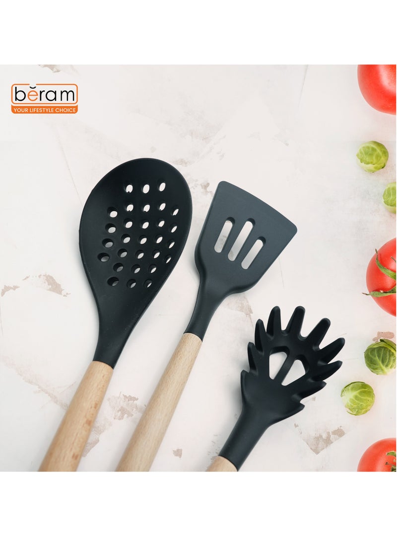 Beram 11Pcs Silicone Cooking Utensil Set with Wooden Handles Heat Resistant BPA Free Non-Stick Kitchen Tools for Cooking Baking Mixing Stirring Serving Frying Grilling – Black (11Pcs Set) - Image 3