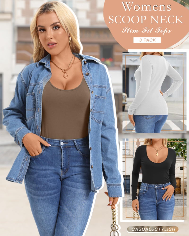 Riyiper 3 Pack Women's Scoop Neck Tops Long Sleeve Slim Fitted Shirts Casual Basic Tunic Fall Trendy Y2k Tight Tees(Khaki, White, Black,Small) - Image 5