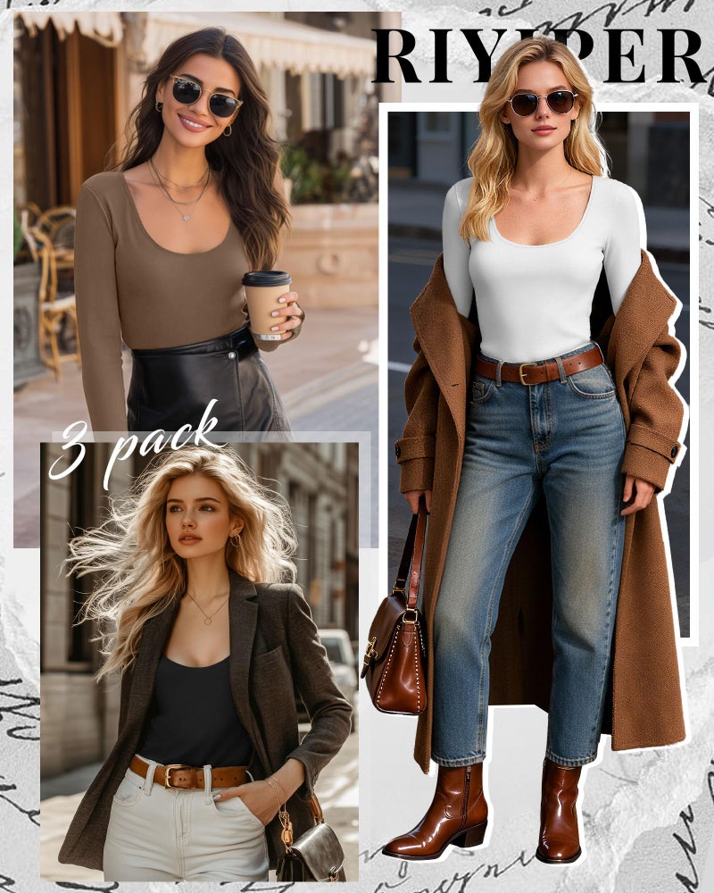 Riyiper 3 Pack Women's Scoop Neck Tops Long Sleeve Slim Fitted Shirts Casual Basic Tunic Fall Trendy Y2k Tight Tees(Khaki, White, Black,Small) - Image 2