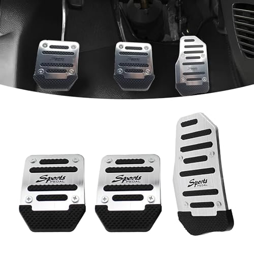 Hugwits 3 PCS Car NonSlip Pedal Pads Manual Transmission Aluminum Car Brake Pad Cover Antirubbing Gas Fuel Petrol Clutch Foot Pedals Universal for Most Cars Trucks SUVs Silver - Image 1