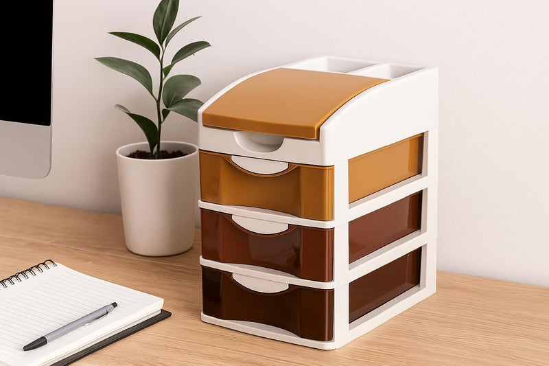 Nabhya Small Size Desktop Cosmetic & Make-up Organizers Drawer MulitPurpose Drawer Rack Organizers (Brown, 3 Layer) - Image 1