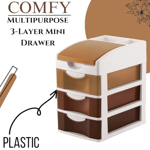Nabhya Small Size Desktop Cosmetic & Make-up Organizers Drawer MulitPurpose Drawer Rack Organizers (Brown, 3 Layer) - Image 2