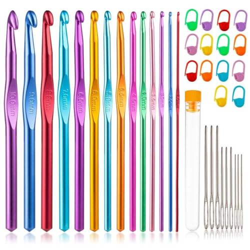 HASTHIP® 37PCS Crochet Hooks Set, Ergonomic Handle Crochet with Stitch Markers and Large-Eye Blunt Needles, Multicolor Aluminum Crochet Hooks Knitting Needles for Arthritic Hands - Image 1