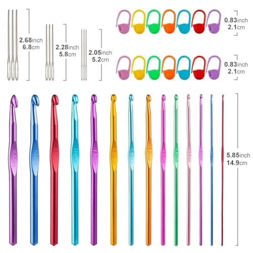 HASTHIP® 37PCS Crochet Hooks Set, Ergonomic Handle Crochet with Stitch Markers and Large-Eye Blunt Needles, Multicolor Aluminum Crochet Hooks Knitting Needles for Arthritic Hands - Image 2