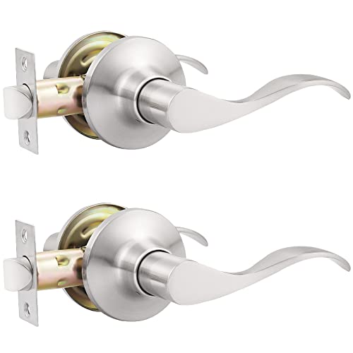 GOBEKOR 2 Pack Brushed Nickel Interior Door Handles Passage Door Levers for Hallway Closet Wave Lever Door Handles Keyless Door Locks - Image 1