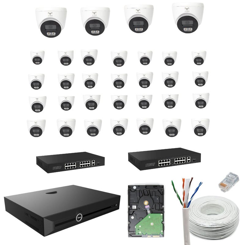 JK Vision مجموعة كاميرات قبة IP ملونة JK Vision بدقة 5 ميجابكسل 32 كاميرا قبة 1 جهاز NVR 32 قناة 2 X 16 قناة POE 1 تيرابايت HDD كابل Cat6 بطول 100 متر موصلات RJ45 - Image 1