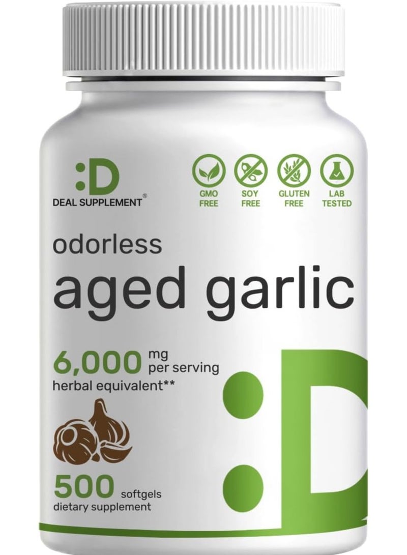 DEAL SUPPLEMENT Odorless Aged Garlic Pills, 6,000mg Per Serving, 500 Softgels - 24:1 Garlic Oil Extract, Fresh Allium Sativum Bulb Source, Heart And Immune Antioxidant Supplements Non-GMO