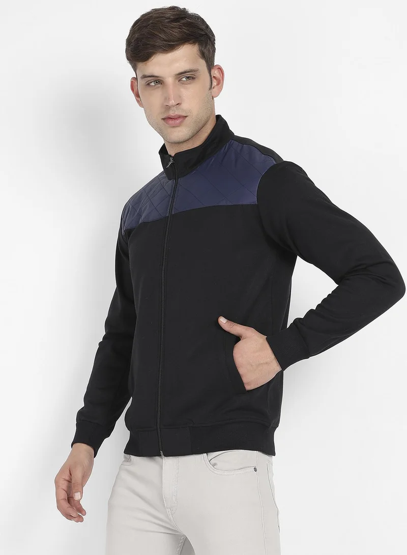 Campus Sutra  Men's Black & Blue Zip-Front Jacket With Quilted Detail for Men | Best Price UAE