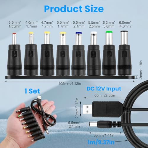 Verilux® USB to DC 9V Power Cord 3.3Ft/1M, Universal 9V Plug Jack Charging Cable with 8 Pcs DC Female To Male Adapter (6.5x4.4, 3.5x1.35, 4.0x1.7, 4.8x1.7, 5.5x1.7, 5.5x2.1, 5.5x2.5, 6.3x3.0) - Image 4