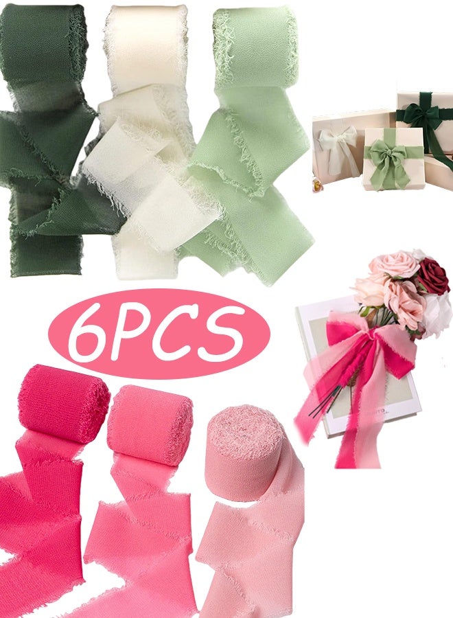 6 لفات من شريط الشيفون المصنوع يدويًا 4 سم × 5 م شريط حريري مهدب لتغليف الهدايا ديكور مصنوع يدويًا مزهرية زهور زفاف عيد ميلاد خطوبة حفل زفاف حرف يدوية ديكور العطلات - Image 1