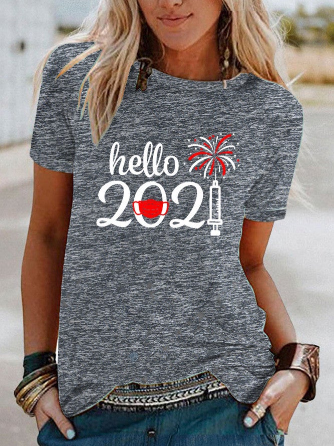 wish hello 2021 pattern printed contrast short sleeve T-shirt for women - Image 5