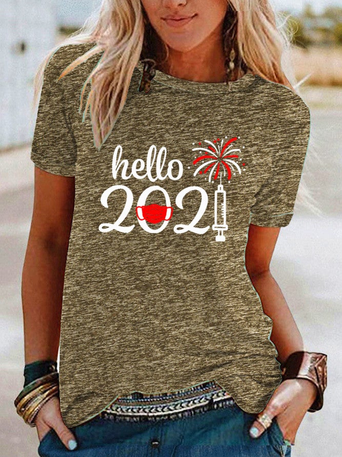 wish hello 2021 pattern printed contrast short sleeve T-shirt for women - Image 3